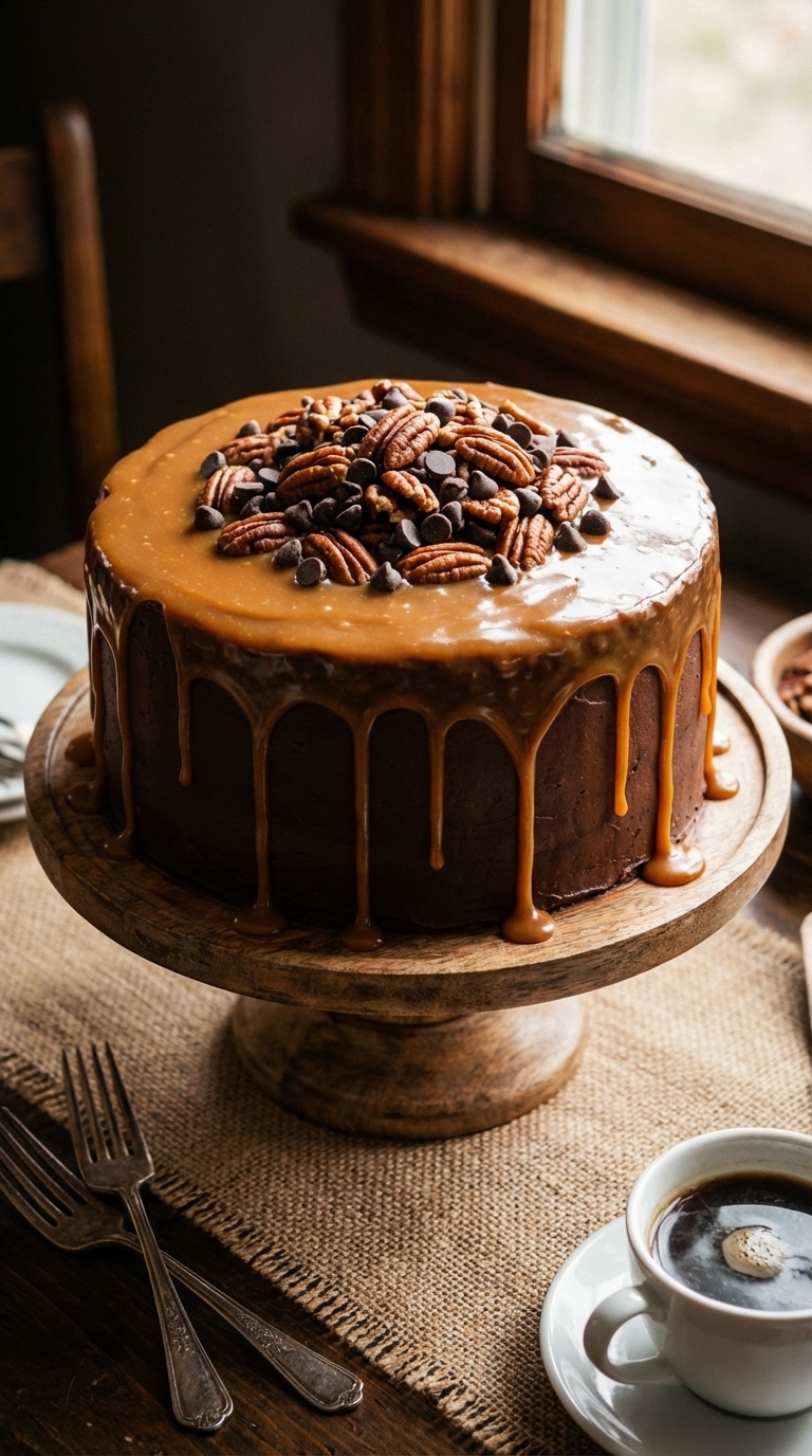 A whole three-layer chocolate cake topped with dripping caramel, chopped pecans, and chocolate chips on a wooden stand.