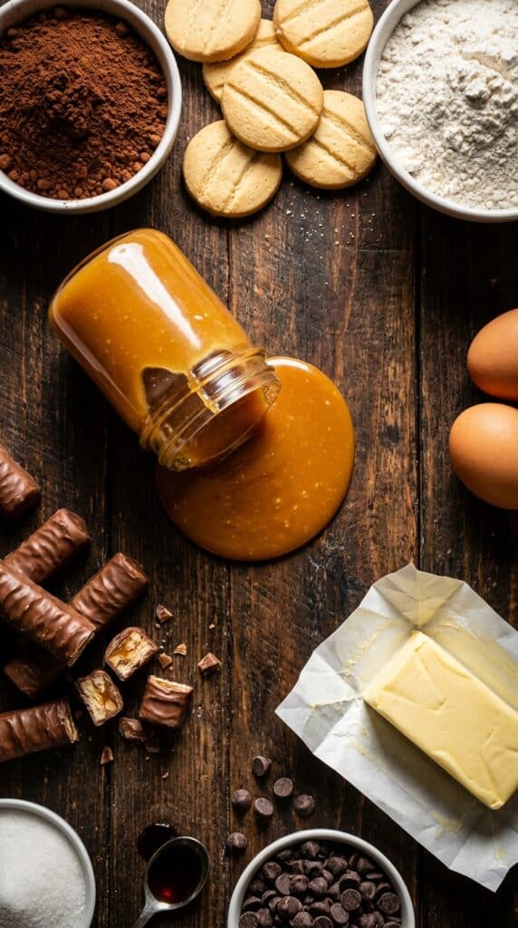 A flat lay showing cocoa powder, salted caramel sauce, shortbread cookies, and chopped Twix bars on a wooden table.