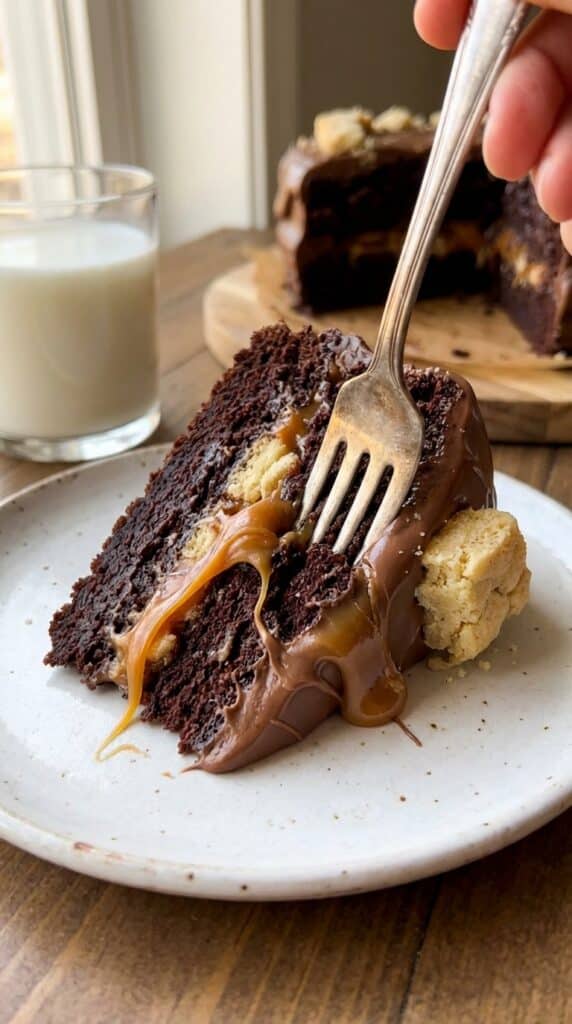 A close-up of a fork cutting into a slice of chocolate cake with caramel oozing out and cookie crumbs visible.