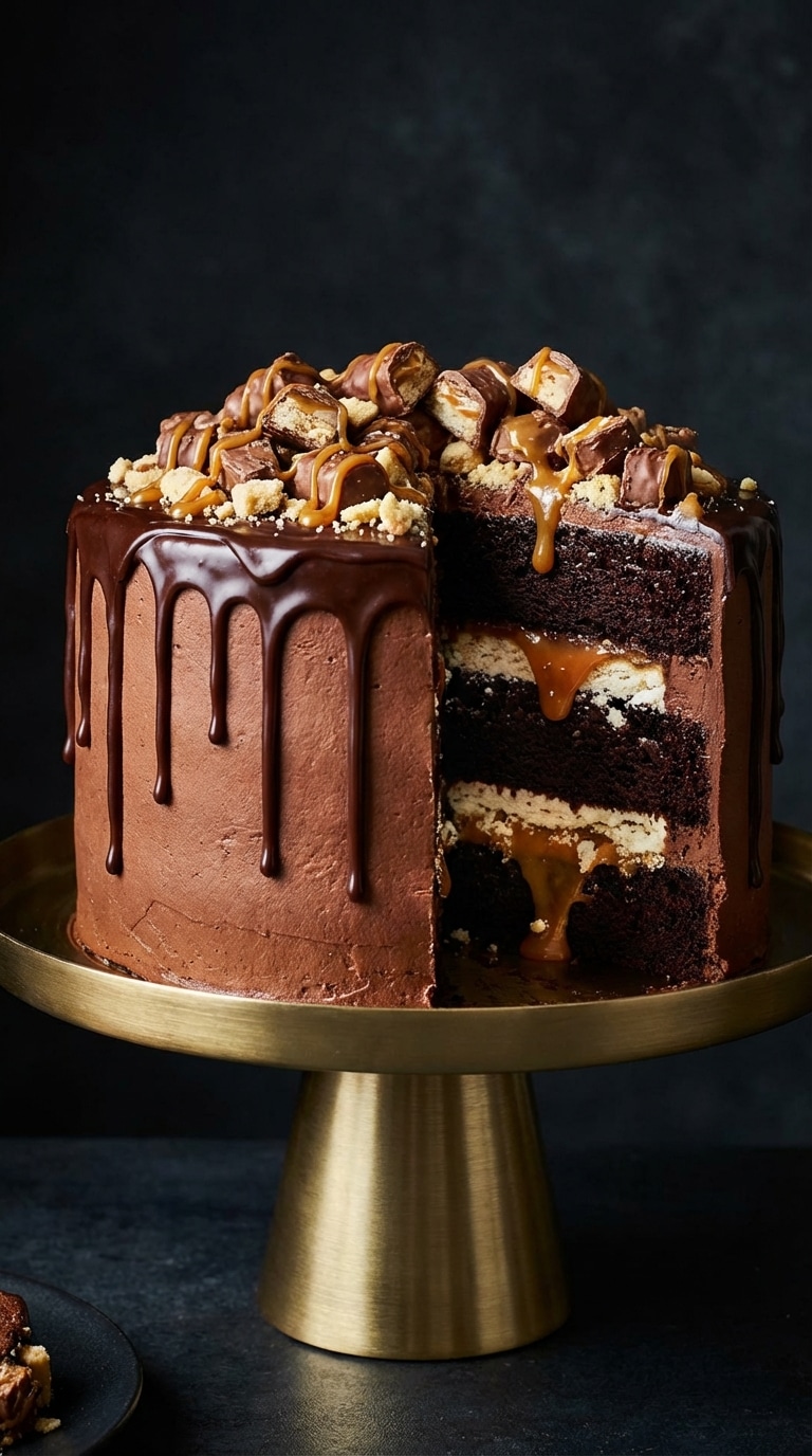 A tall chocolate layer cake topped with Twix bars and caramel, with a slice removed showing the caramel and cookie filling.