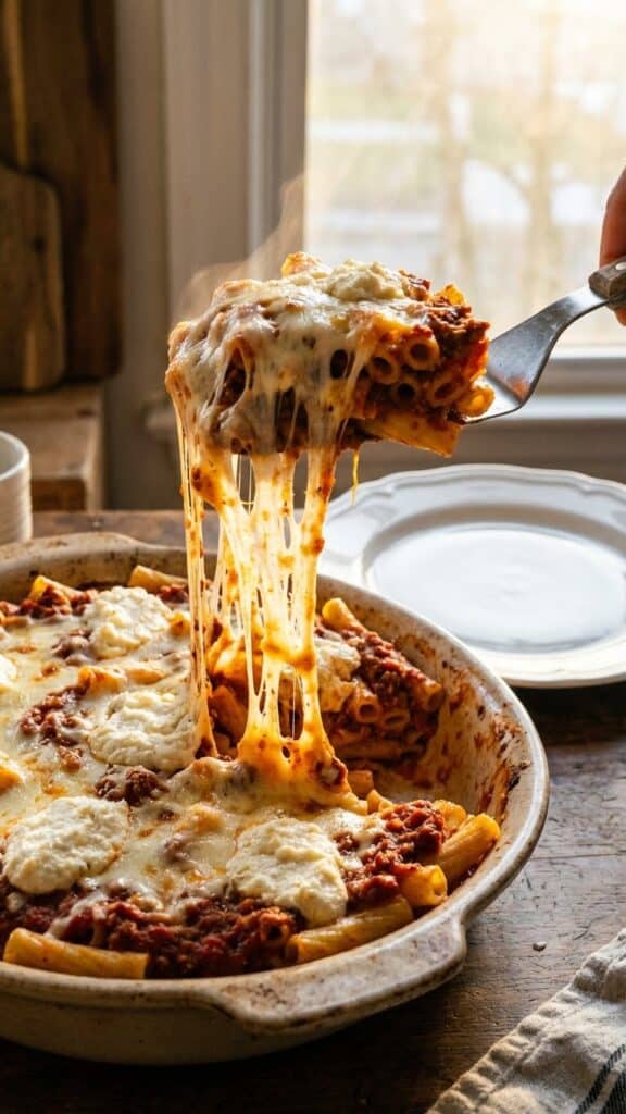 A close-up of a spatula lifting a serving of baked ziti with a long, gooey cheese pull.