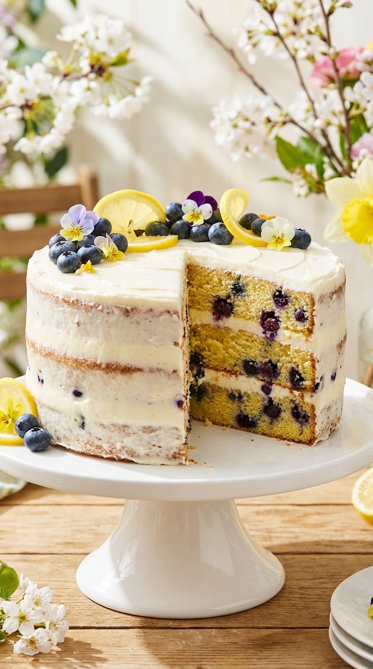 A three-layer lemon cake with blueberries on a cake stand, with a slice cut out showing the berries inside.