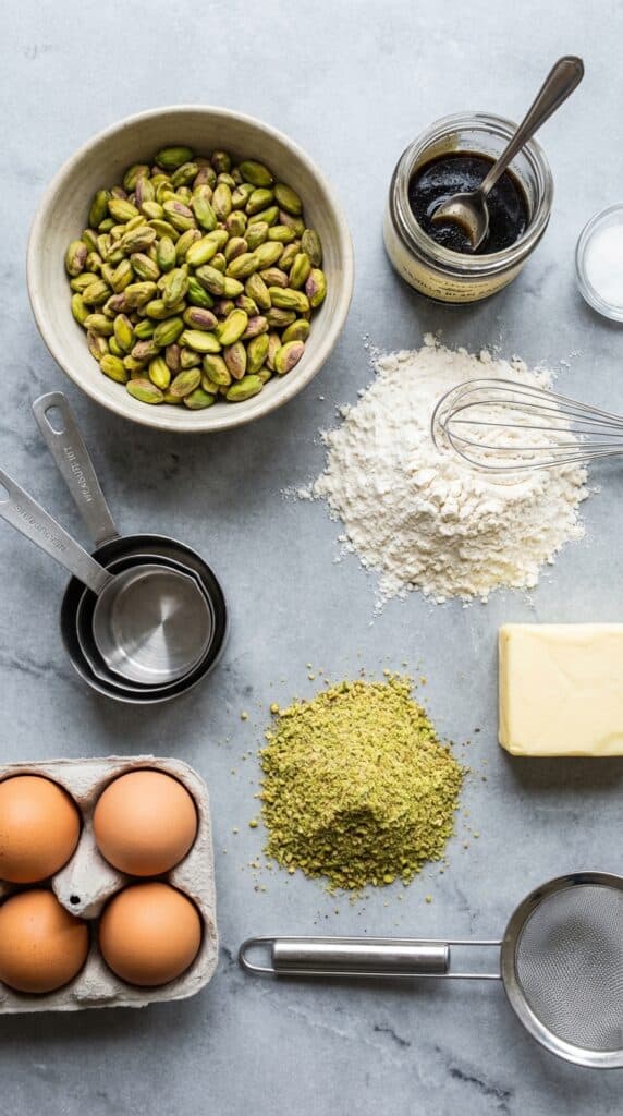A flat lay showing shelled pistachios, vanilla bean paste, flour, and butter on a stone surface.