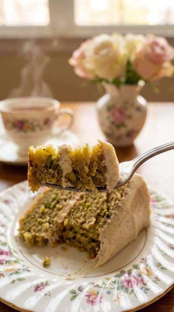A close-up of a fork cutting a slice of green pistachio cake with white frosting on a china plate.