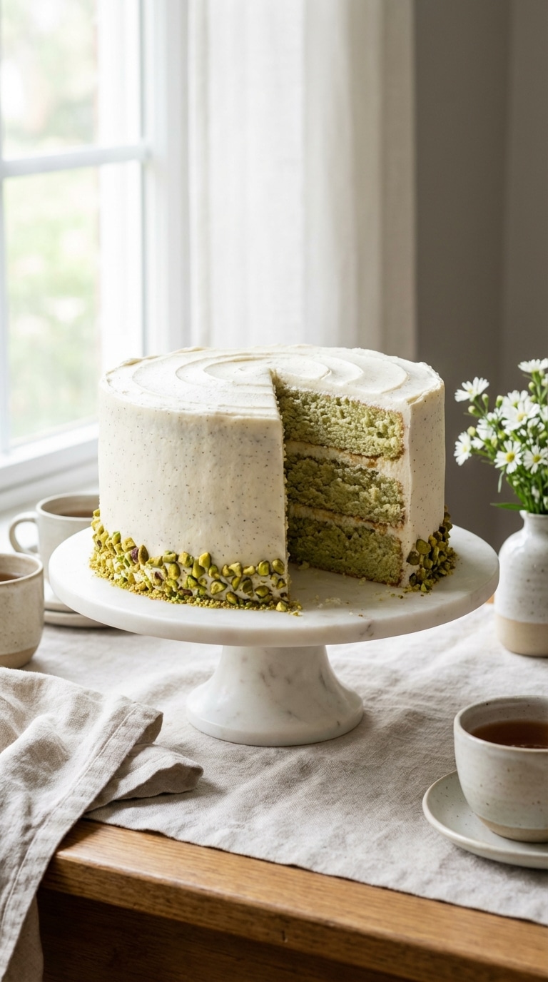 A whole layered pistachio cake with white vanilla frosting, chopped nuts at the base, and a slice removed showing the green crumb.