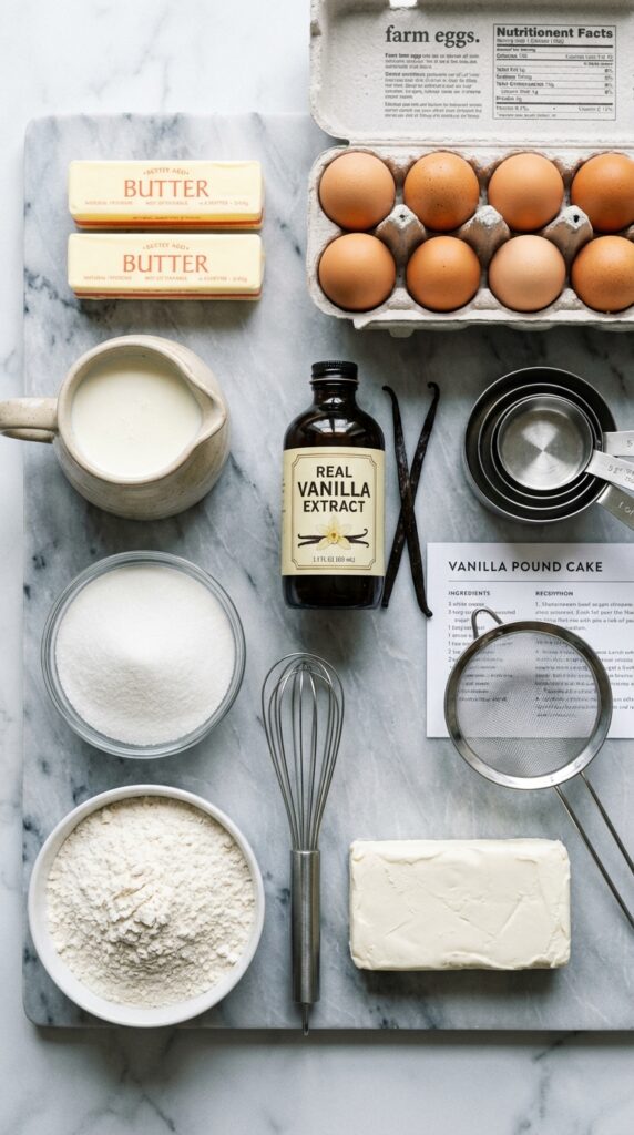A flat lay showing butter sticks, eggs, a jug of buttermilk, vanilla extract, and flour on a marble surface.