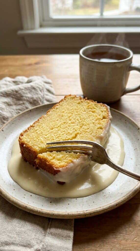 A whole golden-brown bundt cake on a stand, covered in thick cream cheese glaze dripping down the sides.