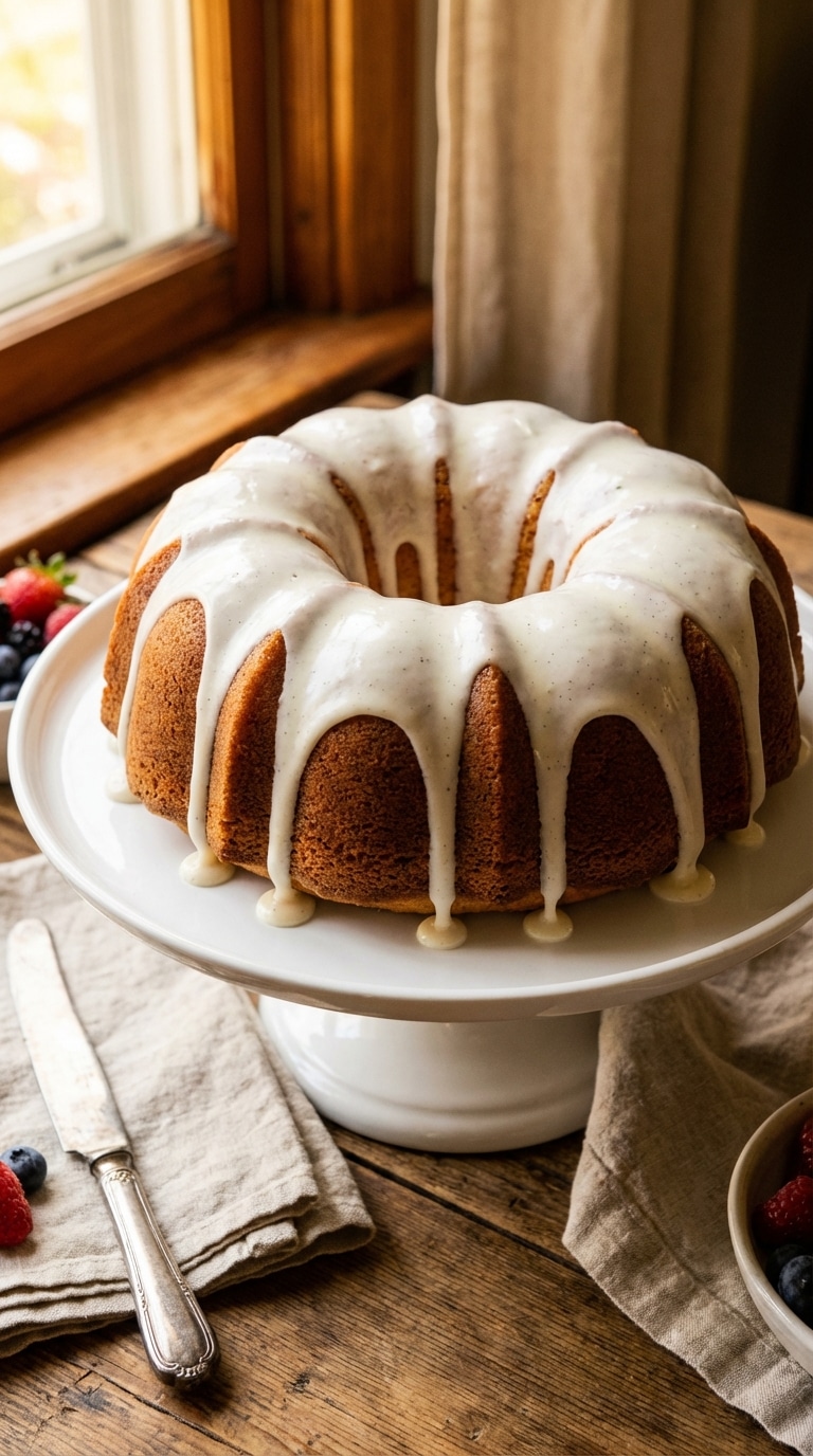 A close-up of a fork taking a bite out of a thick slice of glazed vanilla pound cake on a plate