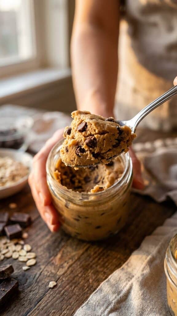 A close-up of a spoon lifting a bite of thick, chocolate chip cookie dough from a jar.