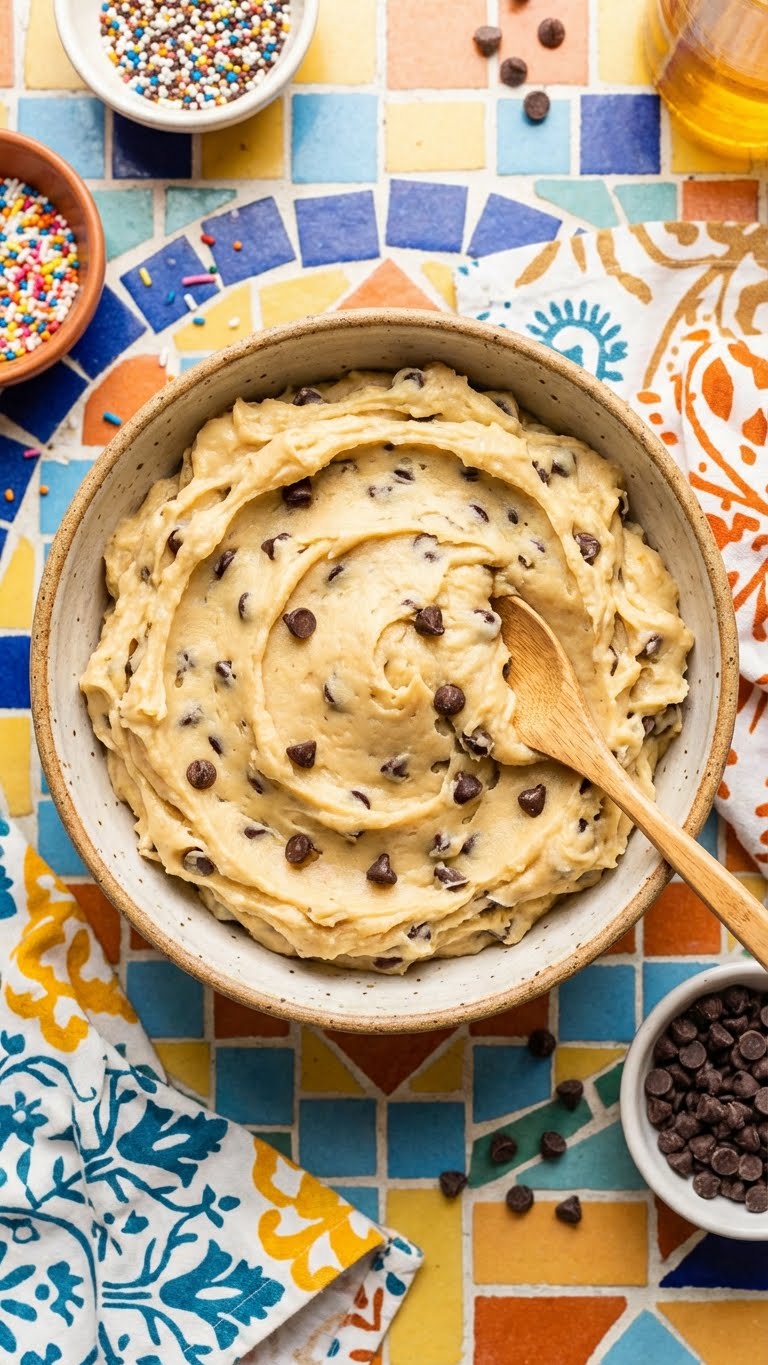 A bowl of smooth, high-protein edible cookie dough mixed with chocolate chips, with a wooden spoon.