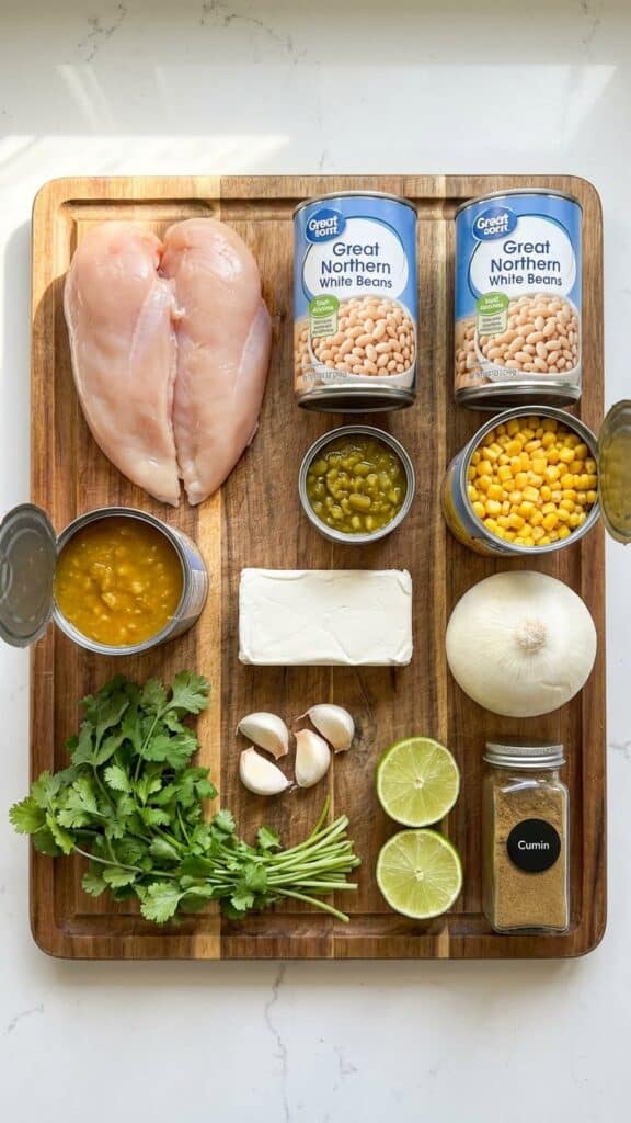Aflat lay showing raw chicken, cans of white beans and corn, green chilies, cream cheese, onion, and spices on a wooden board.