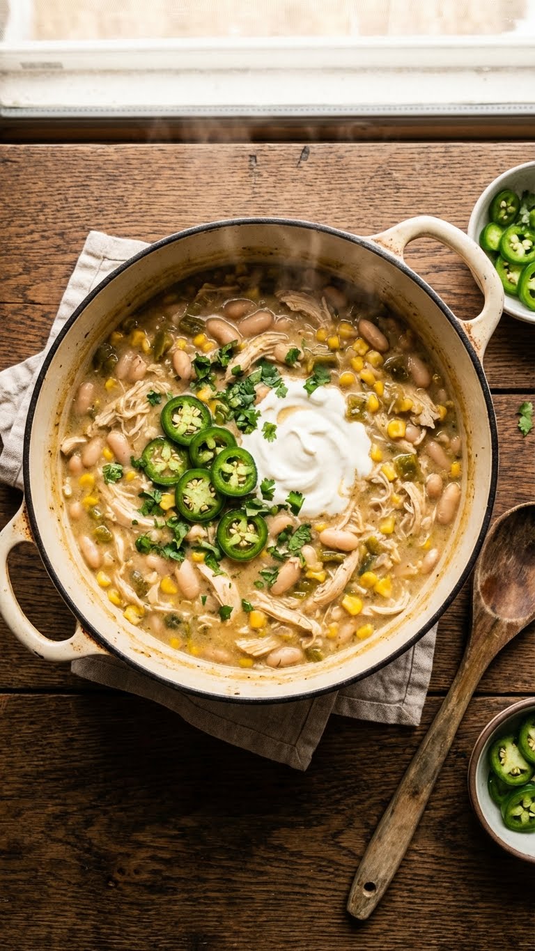 A top-down view inside a Dutch oven filled with creamy white chicken chili with corn and beans, garnished with cilantro and jalapenos.