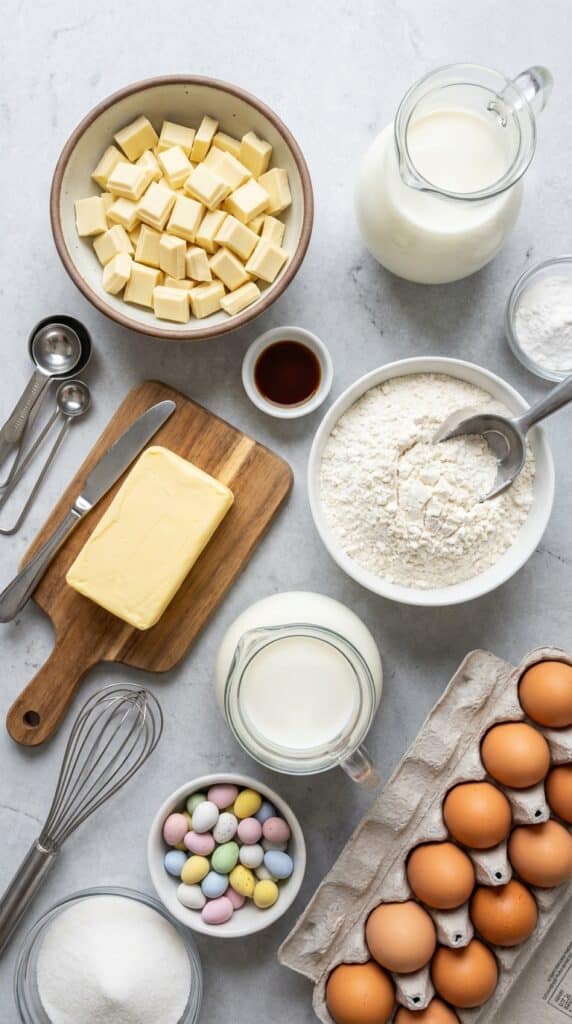 A flat lay showing white chocolate chunks, butter, flour, milk, eggs, and pastel mini eggs on a stone surface.