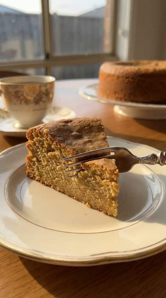 A close-up of a slice of dense white chocolate cake on a vintage plate with a fork.