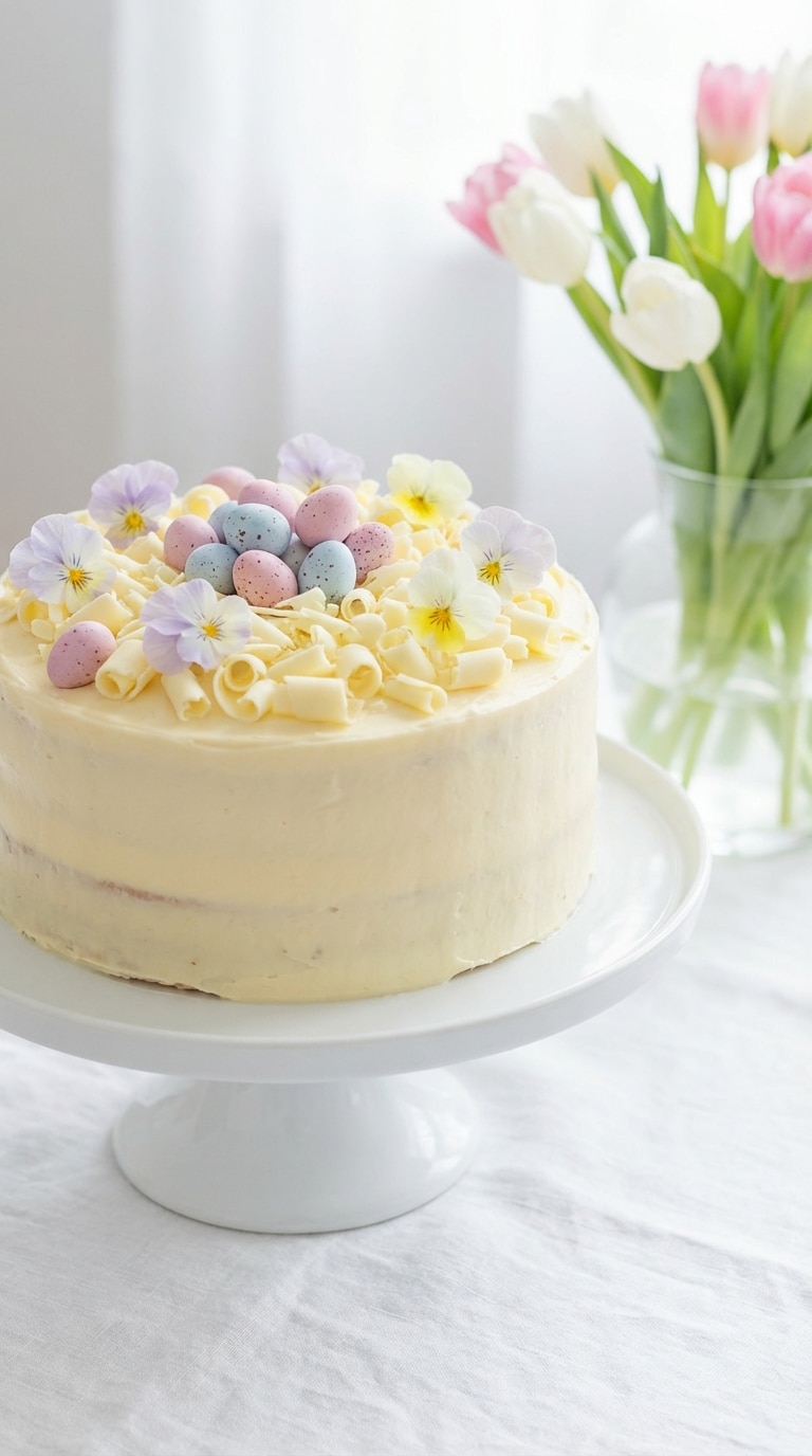 A whole white chocolate cake on a stand decorated with white chocolate curls, pastel mini eggs, and flowers.