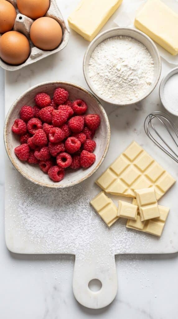 A flat lay showing white chocolate bars, fresh raspberries, flour, butter, and eggs on a marble surface.