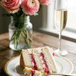 A close-up of a slice of white cake with red raspberry filling layers on a plate, with a fork.