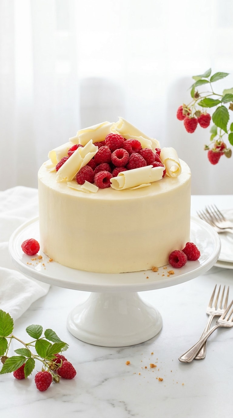A whole elegant white cake topped with fresh raspberries and white chocolate curls on a cake stand.