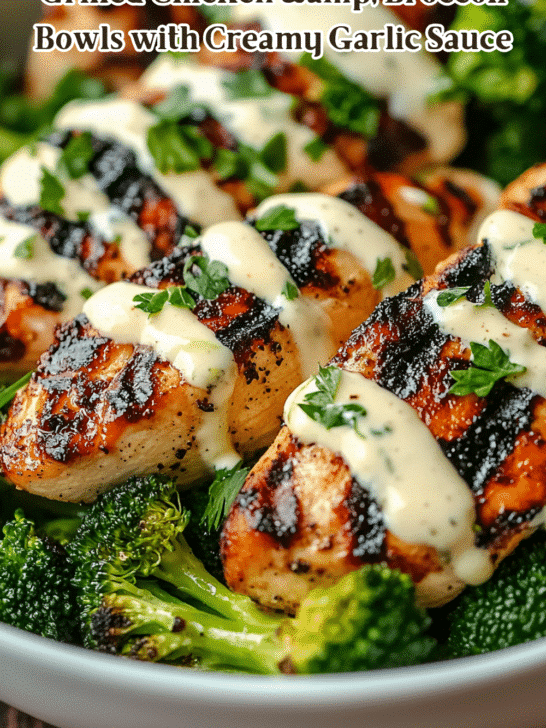 Grilled Chicken & Broccoli Bowls with Creamy Garlic Sauce