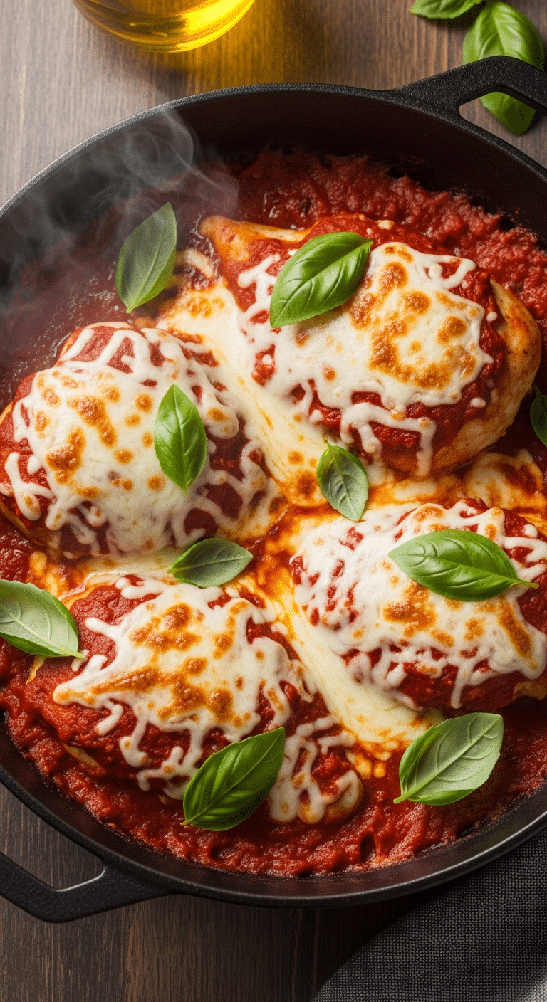 A top-down view of a baking dish filled with chicken in tomato sauce topped with melted mozzarella and fresh basil.