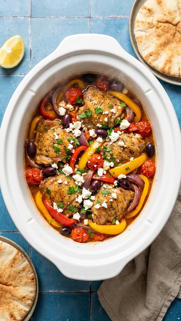 A top-down view inside a slow cooker filled with Mediterranean chicken, peppers, olives, and tomatoes, topped with feta and parsley.