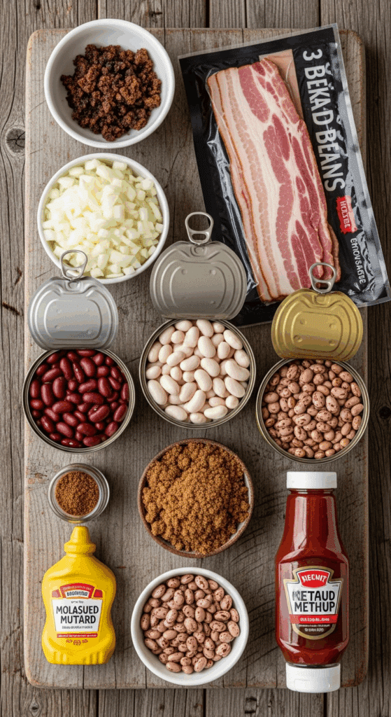 Overhead view of ingredients for 3-bean baked beans: kidney beans, butter beans, pinto beans, bacon, onion, brown sugar, and molasses arranged on a wooden board.
