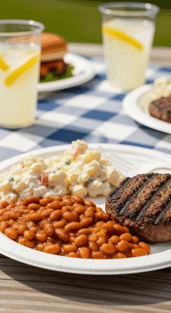 A generous serving of 3-bean baked beans on a BBQ plate next to a burger and potato salad, set in a sunny outdoor picnic atmosphere.