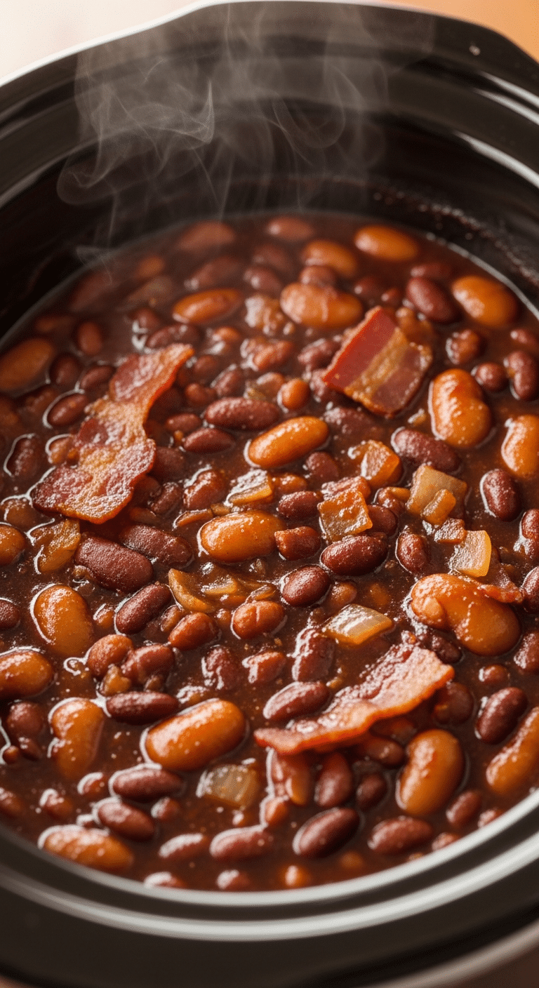 A slow cooker pot filled with thick, glossy 3-bean baked beans topped with bacon, showing kidney, butter, and navy beans in a rich sauce.