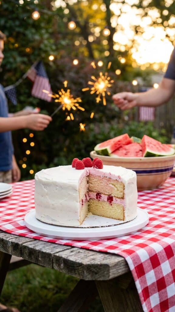 A patriotic poke cake served at a backyard 4th of July party with sparklers in the background.