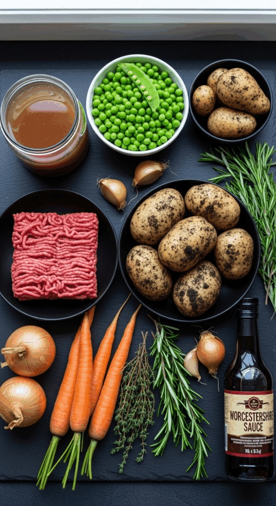 An overhead view displaying the raw, unprocessed components, emphasizing the freshness of the lamb and the earthy quality of the root vegetables used in the filling and topping.