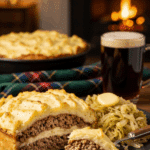 A serving of Shepherd's Pie on a plate with braised cabbage and a pint of ale in a cozy setting.