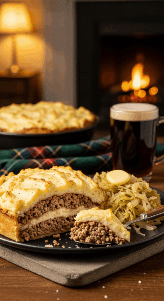 A serving of Shepherd's Pie on a plate with braised cabbage and a pint of ale in a cozy setting.