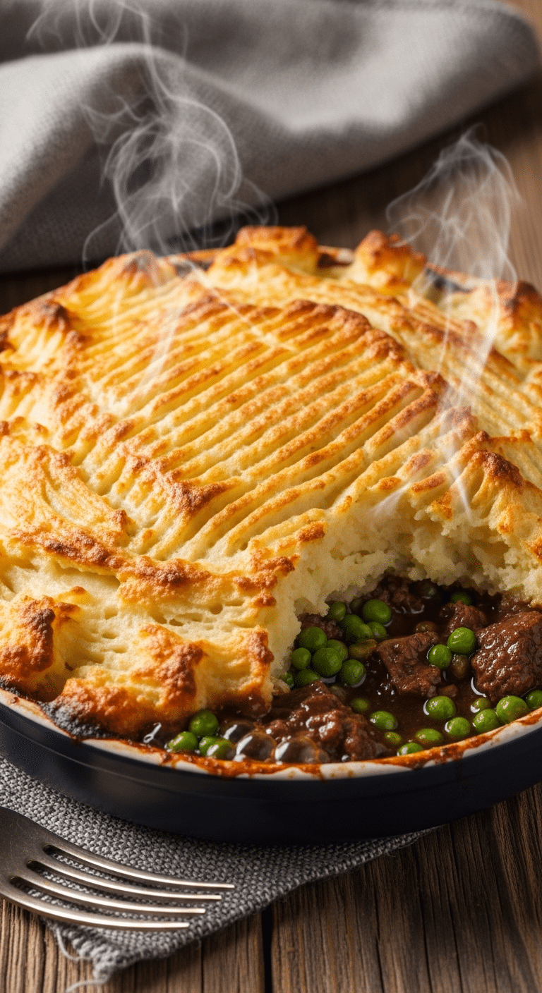 Close-up of a baked Shepherd's Pie with a golden, crispy mashed potato crust bubbling with gravy in a ceramic dish.