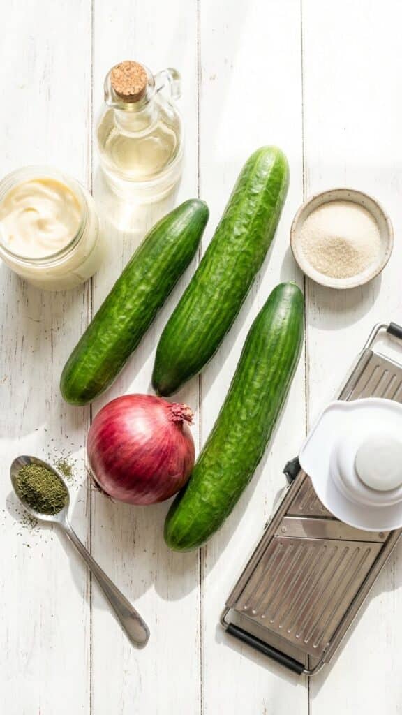 Displays the simplicity of the ingredients and the tool (mandoline) needed for success.