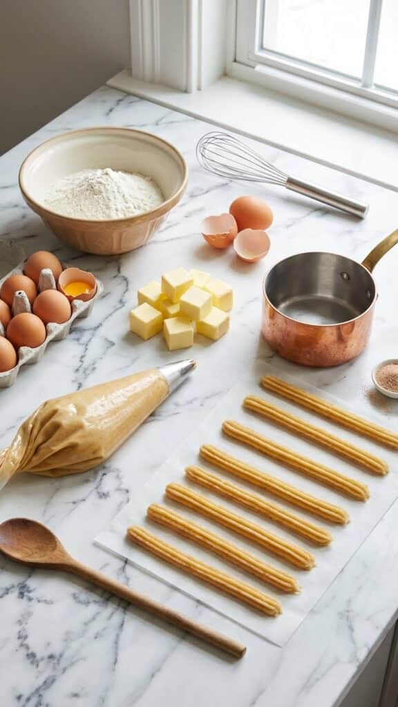 Flat lay of ingredients for air fryer churros, including a piping bag and raw dough strips.