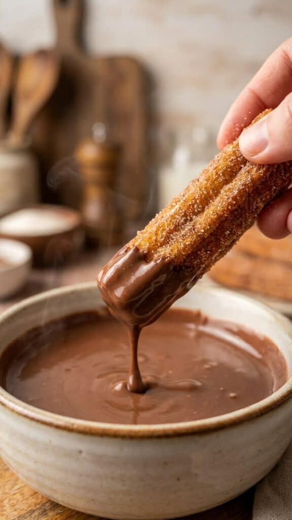 Close-up of a hand dipping a crispy churro into chocolate sauce.