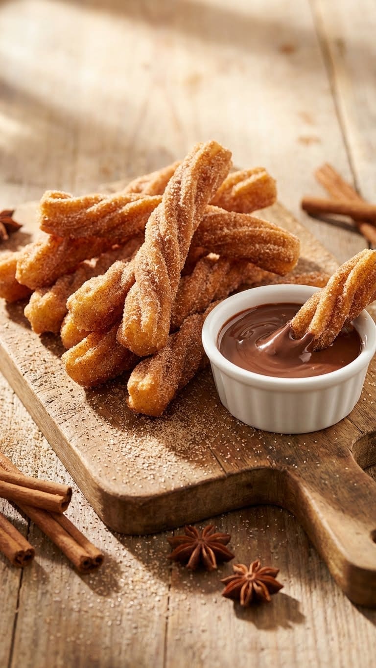 A stack of golden air fried churros covered in cinnamon sugar next to a bowl of chocolate dipping sauce.