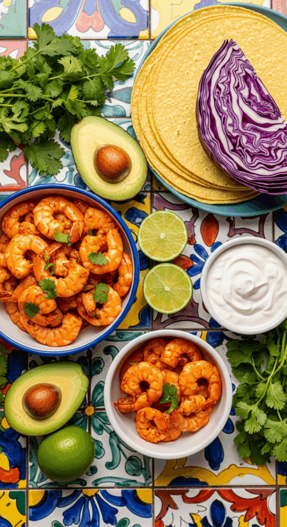 Ingredients for shrimp tacos including marinated shrimp, tortillas, cabbage, avocado, and limes on a tiled surface.