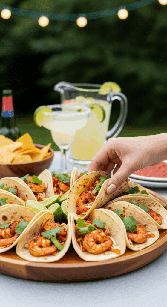 A party platter of spicy shrimp tacos with a hand reaching for one, with margaritas in the background.