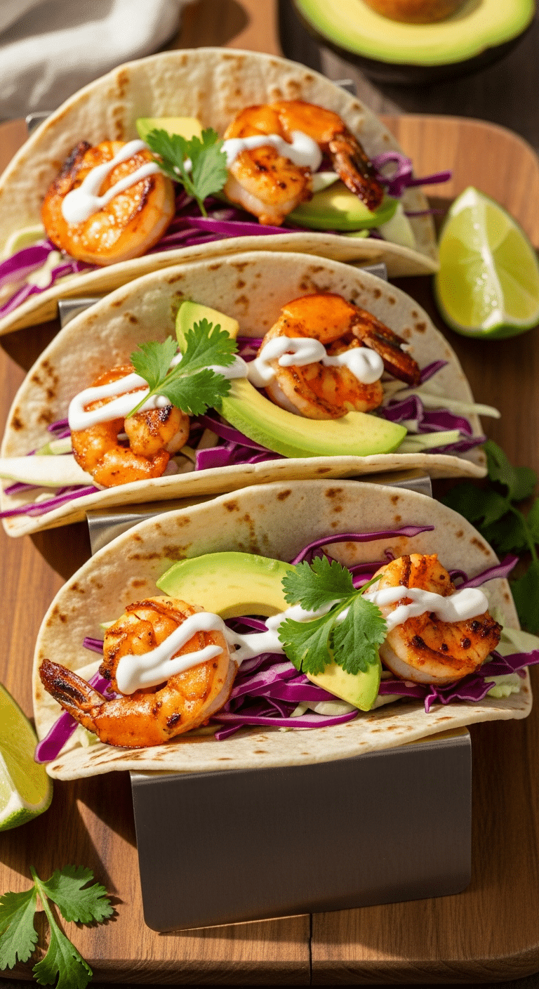 Close-up of three spicy grilled shrimp tacos with purple cabbage slaw and avocado in a taco holder.