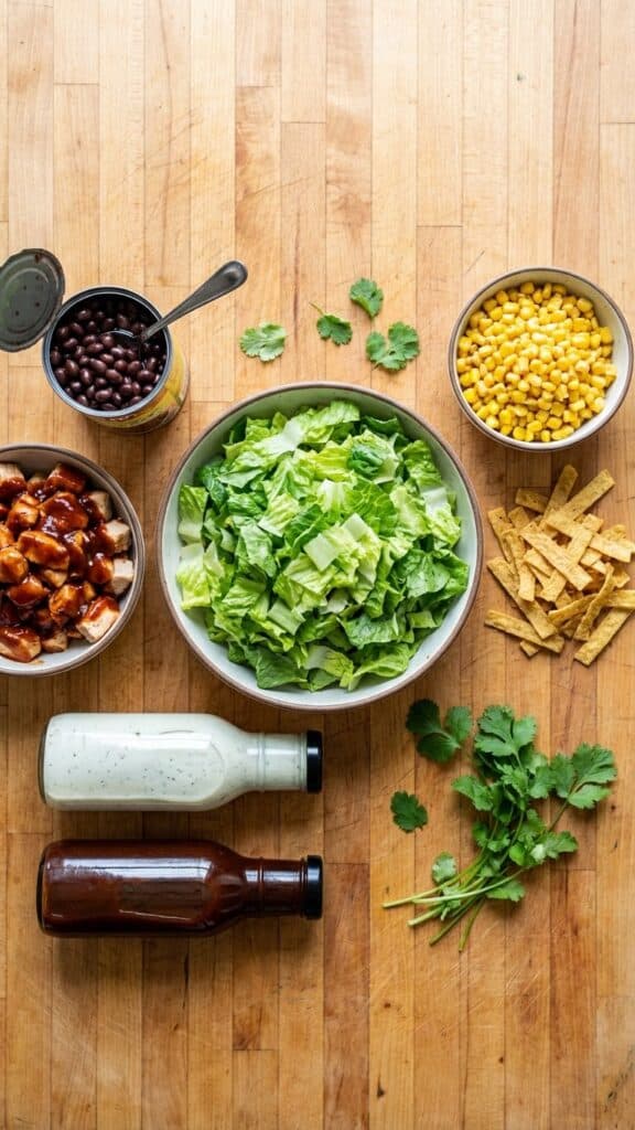 Flat lay of ingredients for BBQ chicken salad including lettuce, corn, black beans, and tortilla strips.