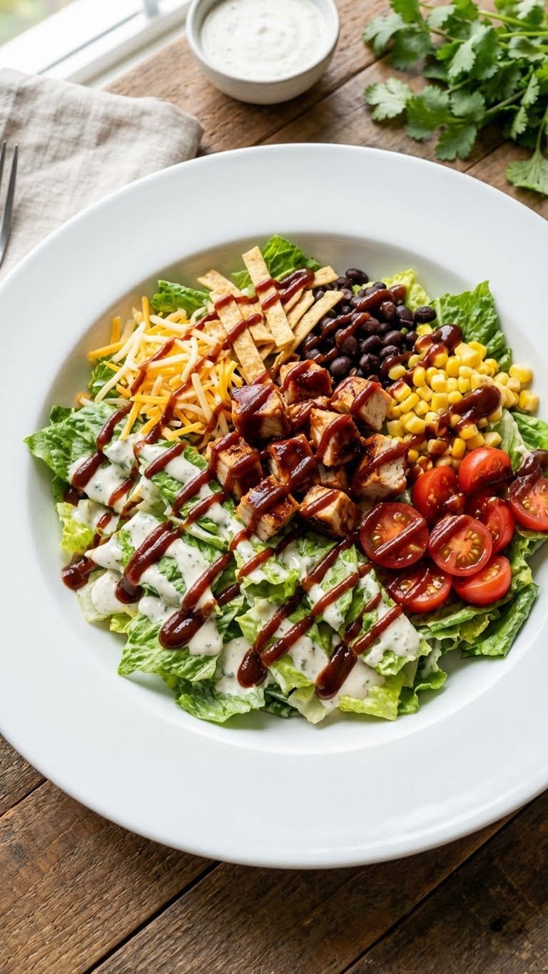 A large bowl of barbecue chicken salad with corn, beans, and tortilla strips, drizzled with BBQ sauce.