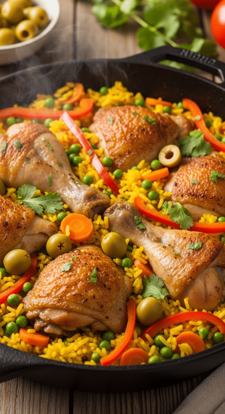 A large skillet filled with Arroz Con Pollo featuring yellow saffron rice, crispy chicken thighs, peas, peppers, and olives.