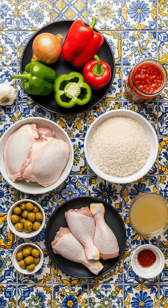 Overhead view of ingredients for chicken and rice: raw chicken, rice, peppers, peas, olives, tomato sauce, and spices on a tiled surface.