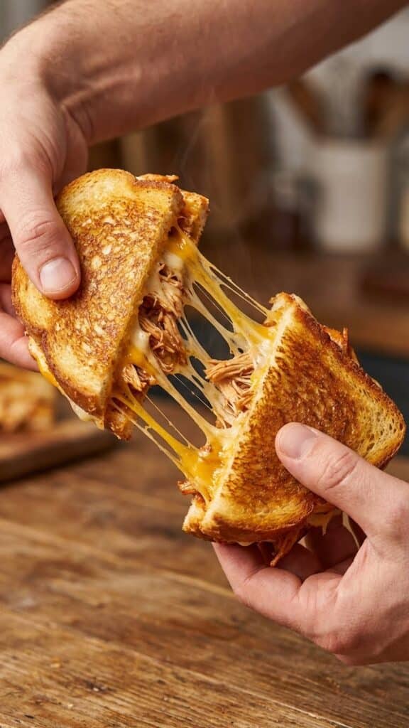 Hands pulling apart a BBQ chicken grilled cheese sandwich showing a long stretchy cheese pull.