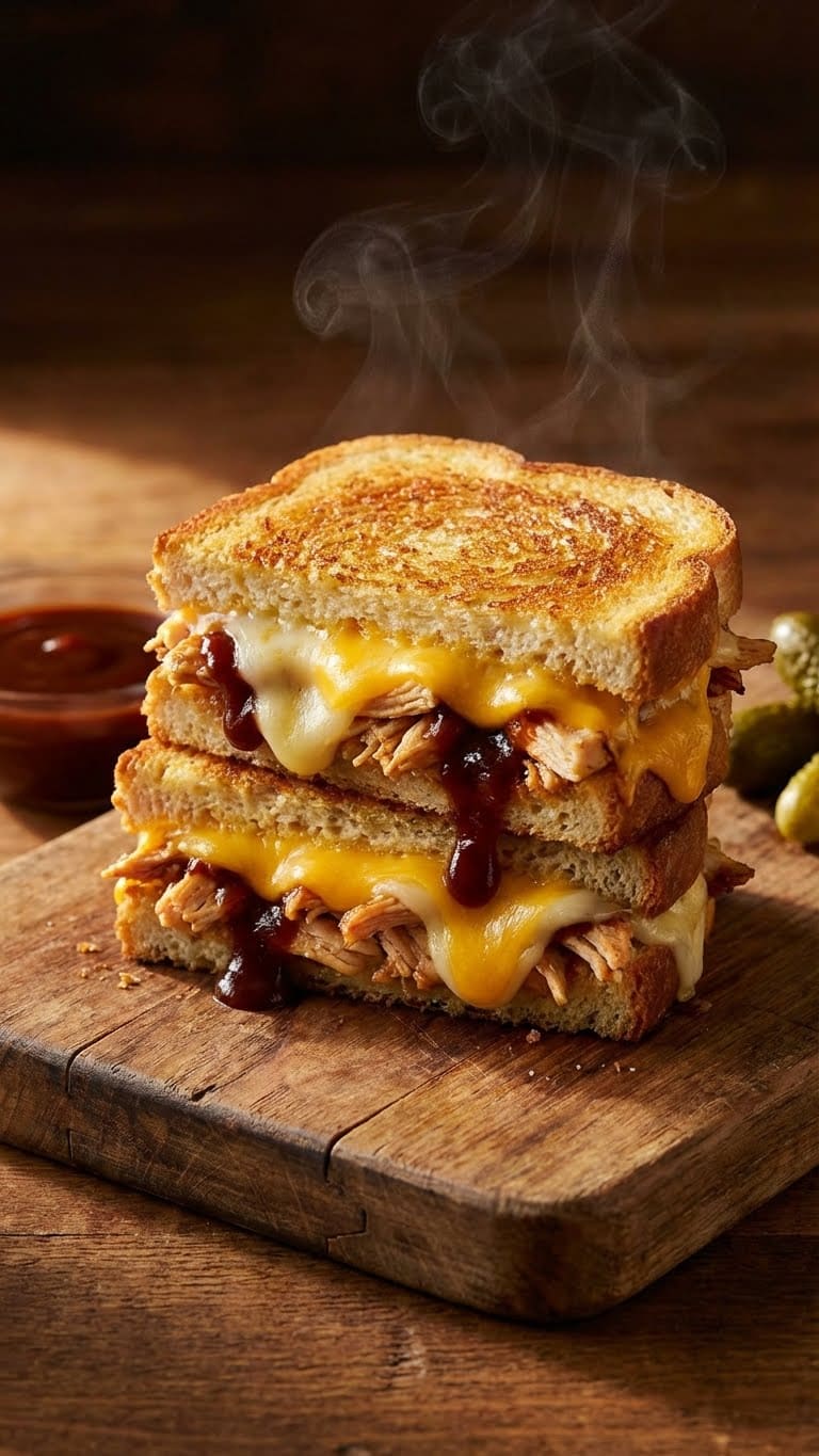 Stack of grilled cheese sandwiches filled with BBQ chicken and melted cheddar oozing out.