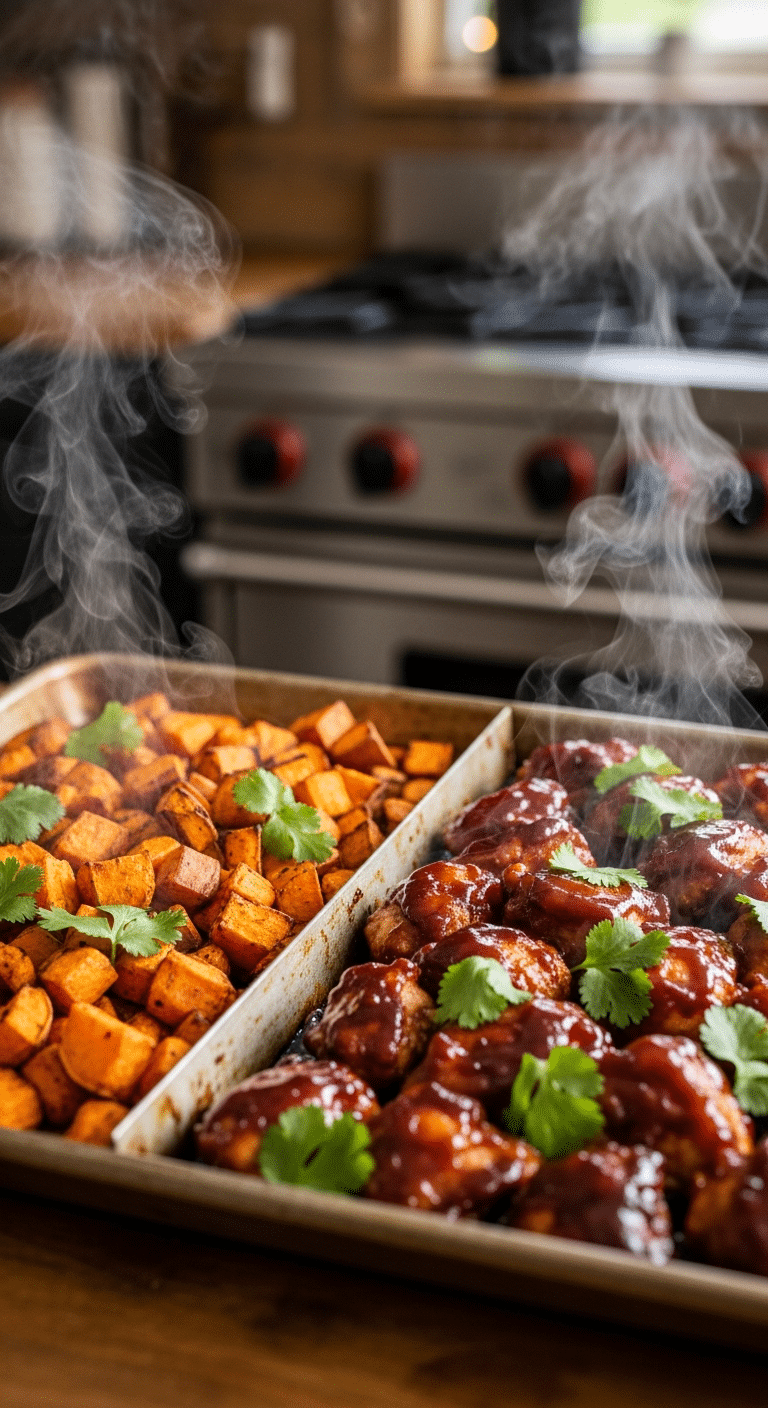 A sheet pan dinner with BBQ chicken and roasted sweet potatoes ready to serve.