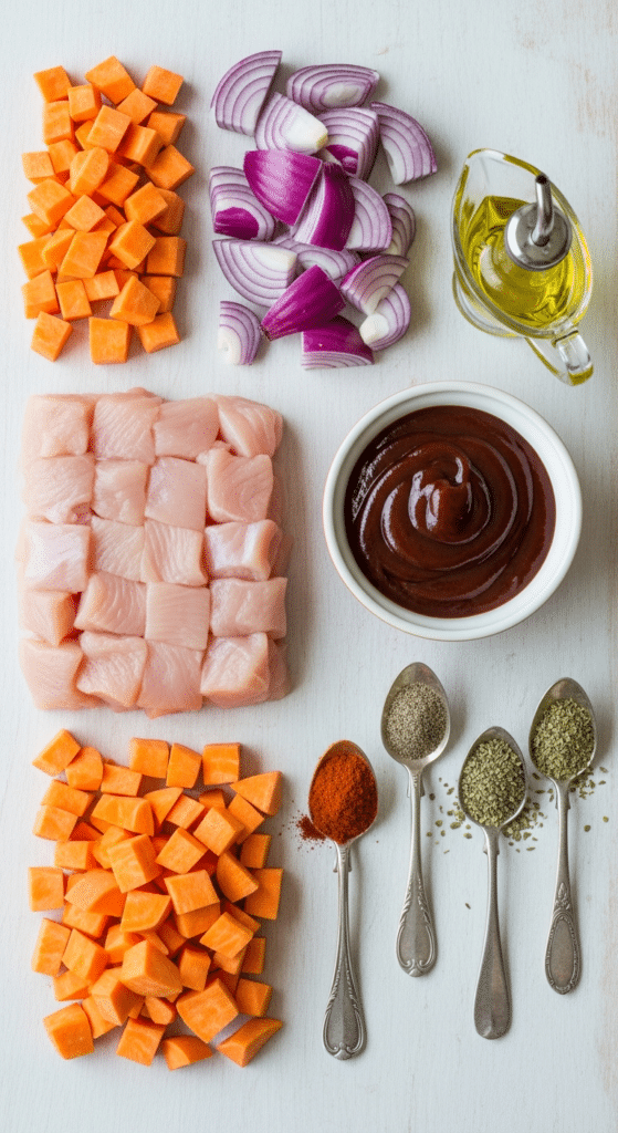 Flat lay of raw ingredients for sheet pan BBQ chicken including sweet potatoes and red onion.