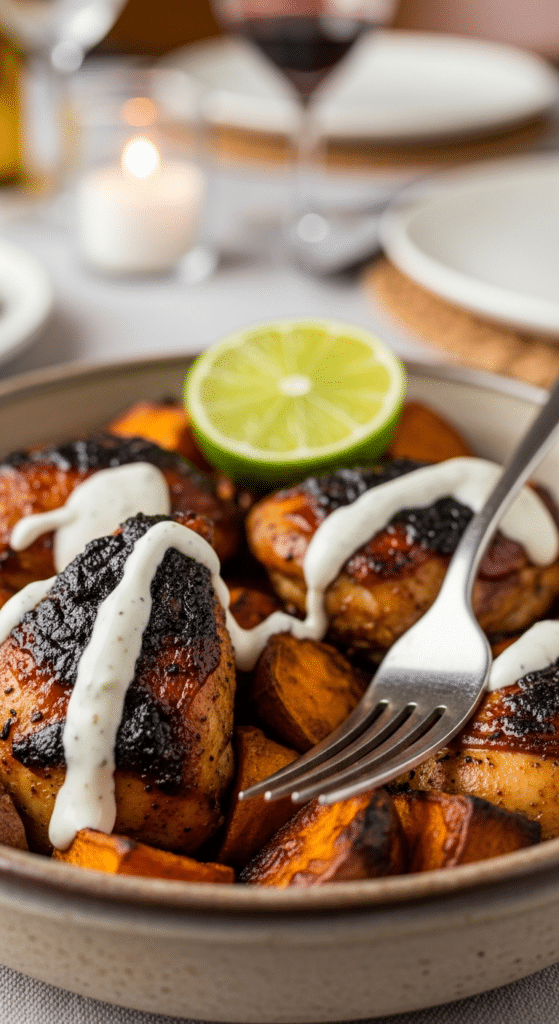 Close-up of a serving bowl filled with roasted BBQ chicken and sweet potatoes.