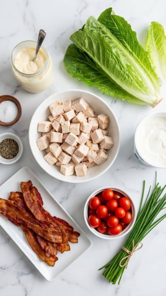 Ingredients for BLT chicken salad including cooked chicken, crispy bacon, tomatoes, lettuce, and mayo on a marble surface.